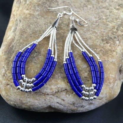 Native American Handmade Sterling Silver Heishi Dangle Earrings | Blue Lapis | 2" | 1965