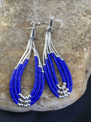 Native American Handmade Sterling Silver Heishi Dangle Earrings Set | Blue Lapis | 2" | 1961