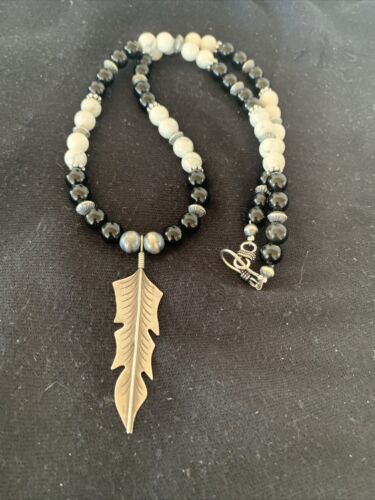 Navajo Feather Pendant | Black Onyx & Howlite | Sterling Silver Necklace | Authentic Native American Handmade | 01101