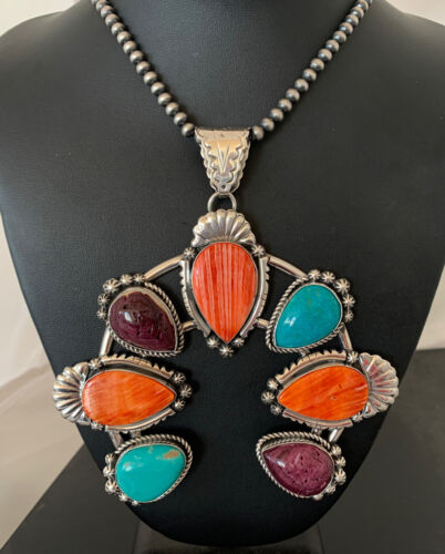 Navajo Sterling Silver Necklace with Turquoise & Spiny Oyster Naja Pendant | 00791