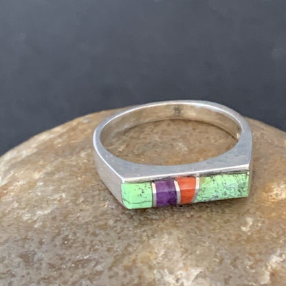 Navajo Green Gaspiete Sugilite Red Coral Inlay Ring | Sz 8.25 | Authentic Native American Handmade | 11120