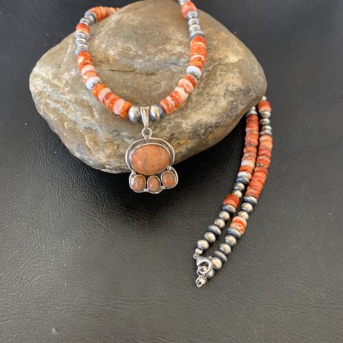 Navajo Pearl Necklace with Red Apple Coral, Spiny Oyster  Pendant | Authentic Native American Sterling Silver | Multi-Stone | 12374