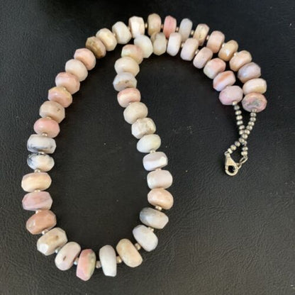 Native American Pink Opal Bead Necklace | 12mm | Sterling Silver | Navajo Handmade | 20" | 13860
