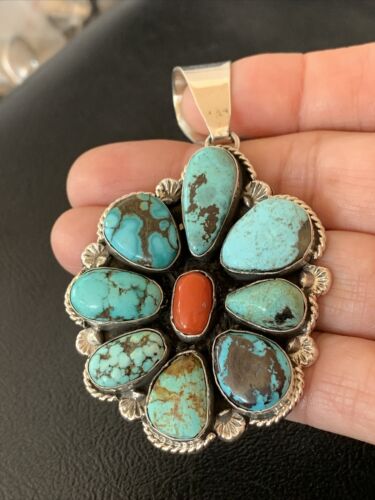 Navajo Cluster Coral Spiderweb Turquoise Pendant | Sterling Silver | Authentic Native American Handmade | 2228