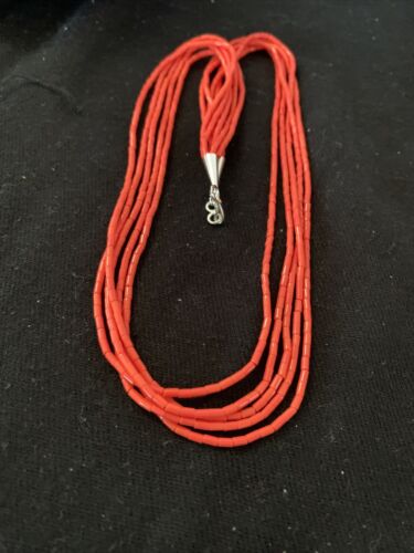 Red Stabilized Coral Heishi Necklace | 5-Strands | Sterling Silver | 20" | Authentic Native American Handmade | 00761