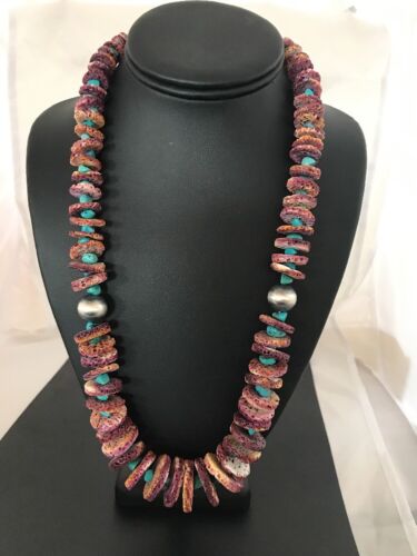 Authentic Native American Navajo Necklace | Purple Spiny Oyster & Turquoise | Sterling Silver | 24" Graduated