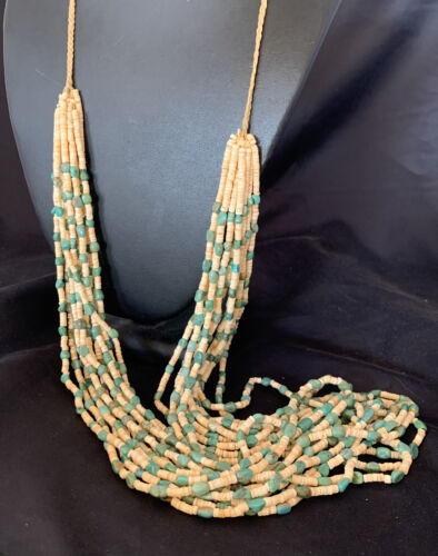 Native American Santo Domingo Necklace | Shell Green Turquoise | 38" | 12054