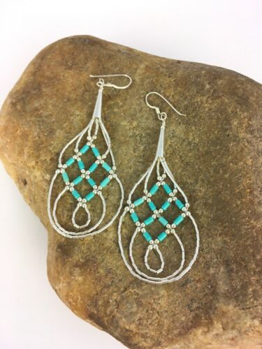 Native American Blue Turquoise Heishi Dangle Earrings | Sterling Silver | 2" | 8878