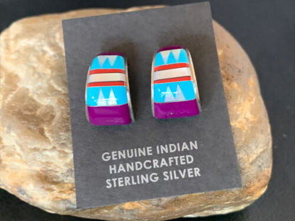 Navajo Multi-Color Turquoise Sugilite Inlay Earrings | Sterling Silver | 0.50" | 12998