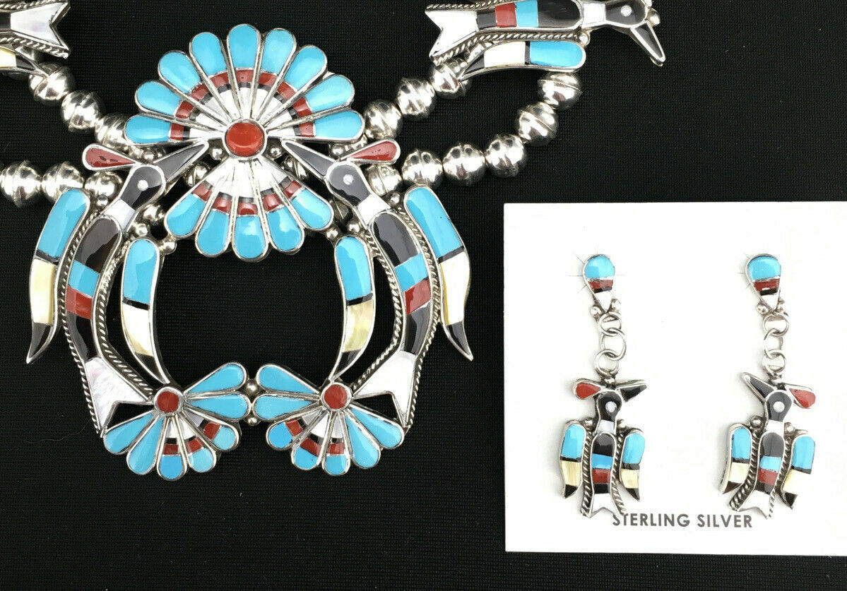 Zuni Peyote Bird Turquoise Squash Blossom Necklace Set | Sterling Silver | Native American Handmade | 1313