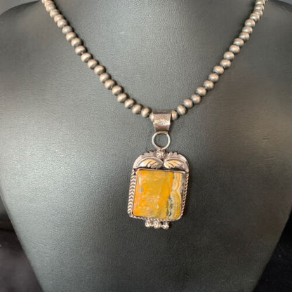 Navajo Bumblebee Jasper Pendant Necklace | Sterling Silver | Authentic Native American Handmade | 13621 - Masha USA