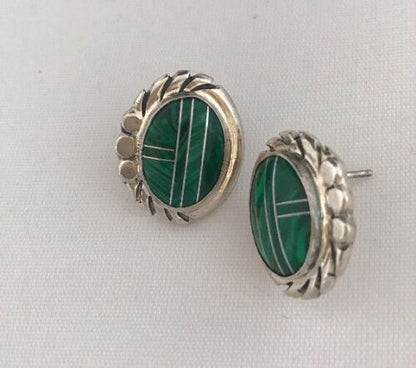 Navajo Green Malachite Inlay Earrings | Sterling Silver | Authentic Native American Handmade | 1987
