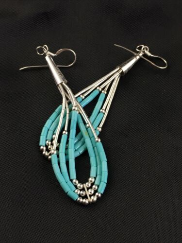 Native American Liquid Silver Heishi Dangle Earrings | Blue Turquoise | Sterling Silver | 2" | 1969