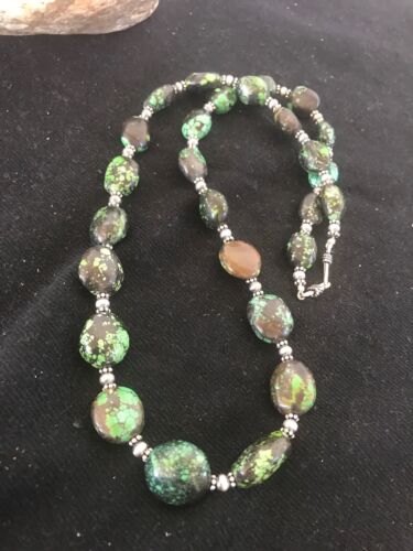 Navajo Green Spiderweb Turquoise Nugget Necklace | Sterling Silver | 22" | Authentic Native American Handmade | 3214