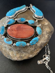 Navajo Red Spiny Oyster & Blue Turquoise Necklace | Sterling Silver | 21" | Authentic Native American Handmade | 2112
