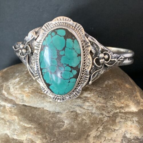 Native American Men's Blue Spiderweb Turquoise Cuff Bracelet | Sterling Silver | 14134