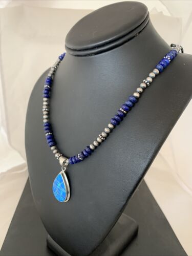 Navajo Pearls Necklace with Lapis, Turquoise, and Blue Opal Pendant | Sterling Silver | 1171
