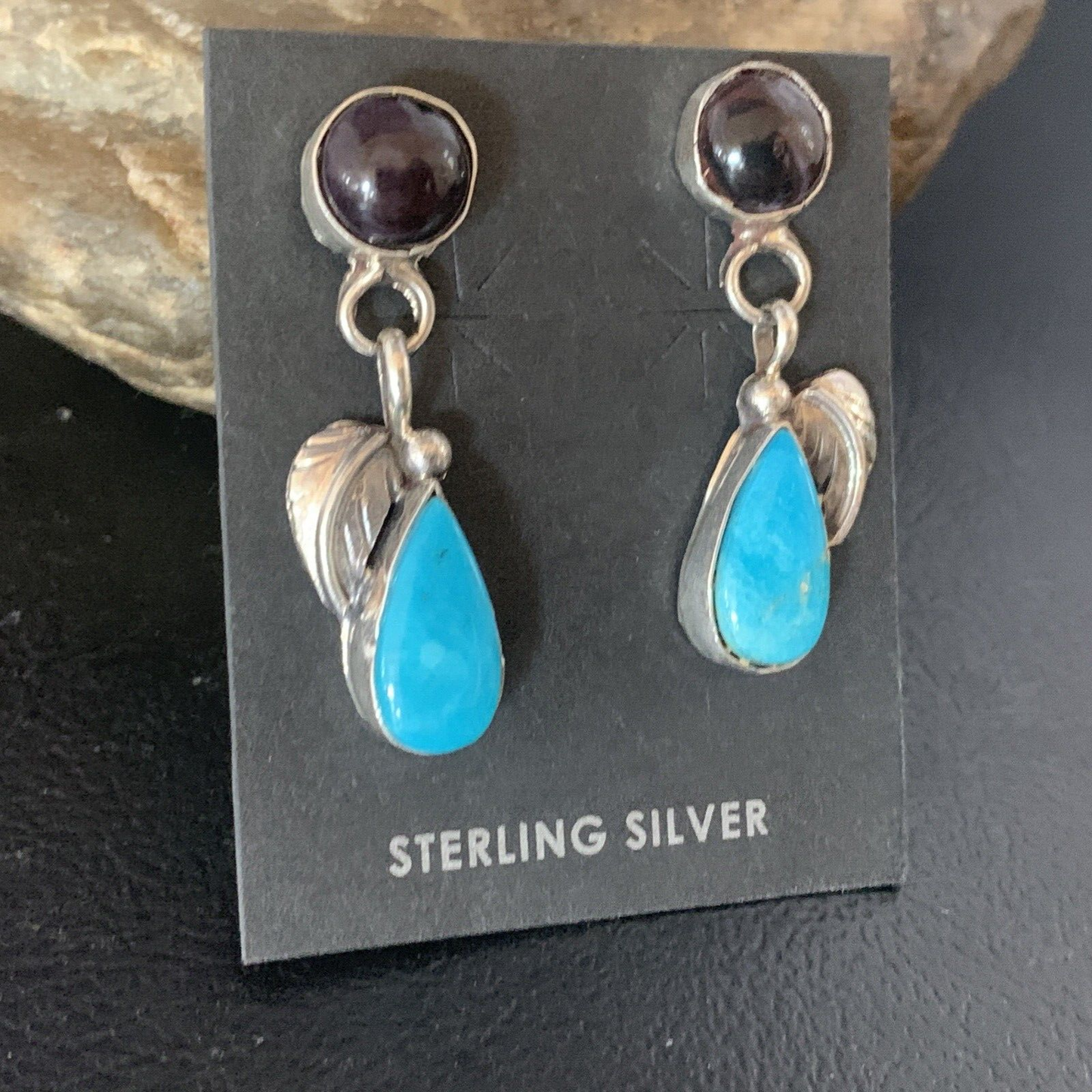 Navajo Purple Sugilite Blue Turquoise Dangle Leaf Earrings | Sterling Silver | Authentic Native American Handmade | 13452