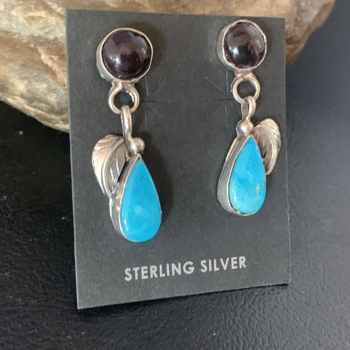 Navajo Purple Sugilite and Blue Turquoise Dangle Leaf Earrings | Sterling Silver | Native American Handmade | 13451