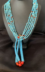 Native American Santo Domingo Blue Turquoise Coral Necklace | 5 Strand Nugget Bead | 34" | 13181