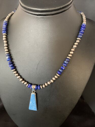 Navajo Blue Denim Lapis Necklace with Inlay Pendant | Sterling Silver | Authentic Native American Handmade | 13491