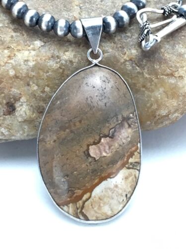 Southwestern Jasper Picture Pendant Necklace | Sterling Silver | 2.25" | Authentic Native American Handmade | 3007