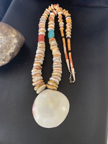 Native American Santo Domingo Necklace | Silver Shell Turquoise | 32" | 12060