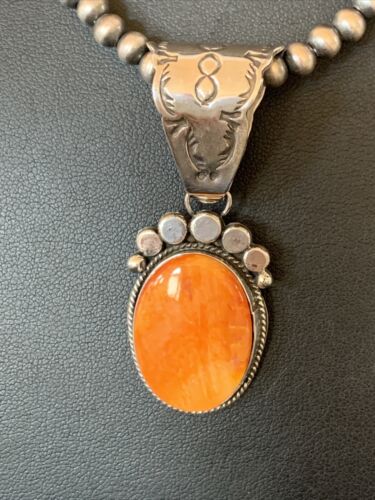 Navajo Orange Spiny Oyster Pendant Necklace | Sterling Silver | Authentic Native American Handmade | 13081