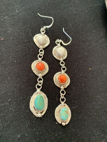 Navajo Spiny, Turquoise & Howlite Dangle Earrings | Sterling Silver | Authentic Native American Handmade | 1570