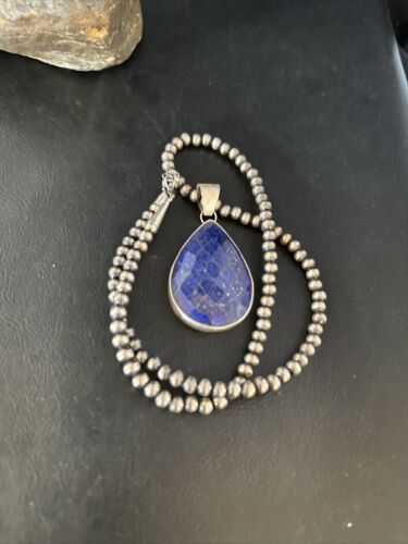 Men's Navajo Pearls Necklace with Faceted Lapis Pendant | Sterling Silver | Authentic Native American Handmade | 14468