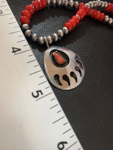 Navajo Bear Paw Red Coral Pendant Necklace | Sterling Silver | Authentic Native American Handmade | 11695
