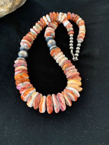 Authentic Native American Red Spiny Oyster & Navajo Pearls Necklace | Sterling Silver | 20" | 3243