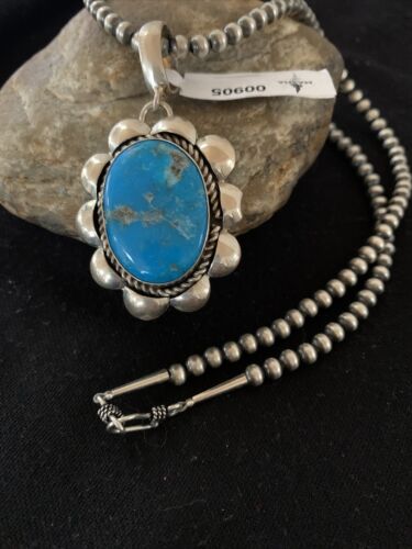 Men's Navajo Pearl Necklace with Blue Kingman Turquoise Pendant | Sterling Silver | 00905
