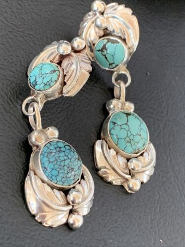 Handmade Navajo Spiderweb Turquoise Dangle Earrings | Sterling Silver Post | Authentic Native American | 1482