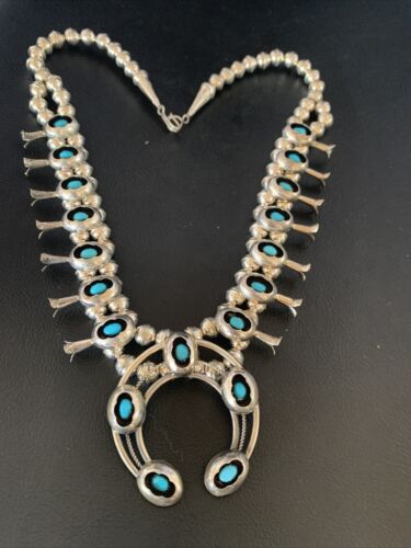 Navajo Kingman Turquoise Shadowbox Squash Blossom Necklace | Sterling Silver | Authentic Native American Handmade | 13108