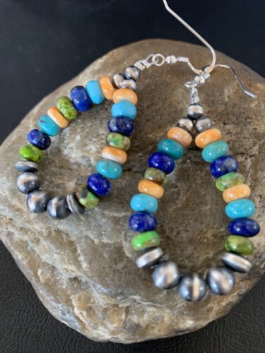 Navajo Multi-Color Lapis Spiny Turquoise Dangle Earrings | Sterling Silver | Authentic Native American Handmade | 12977