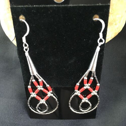 Native American Red Coral Tube Heishi Dangle Earrings | Liquid Sterling Silver | 2" | 3104