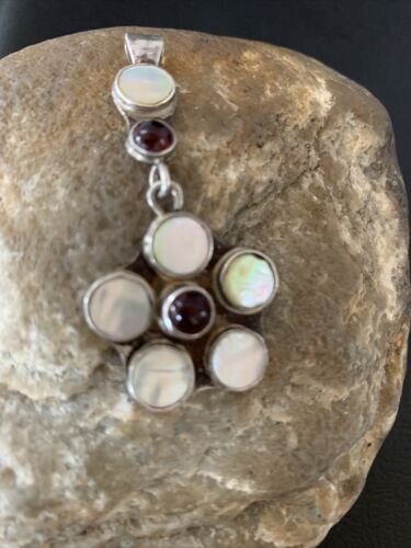Old Pawn Vintage Multi-Stone Flower Pendant | Sterling Silver | Mother of Pearl & Garnet Dangle | 1186
