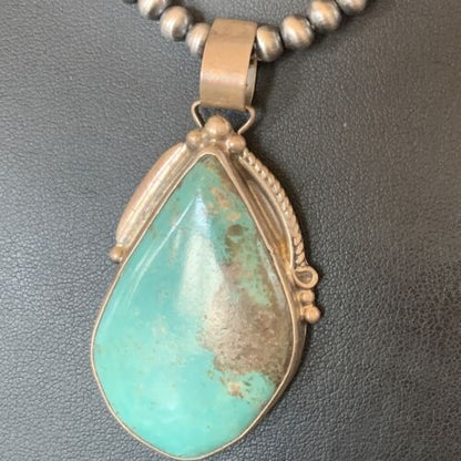 Men's Navajo Pearls Necklace with Blue Kingman Turquoise Pendant | Sterling Silver | Native American Handmade | 12600