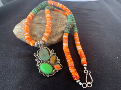 Navajo Green Turquoise and Spiny Bead Necklace Pendant | Sterling Silver | Authentic Native American Handmade | 573