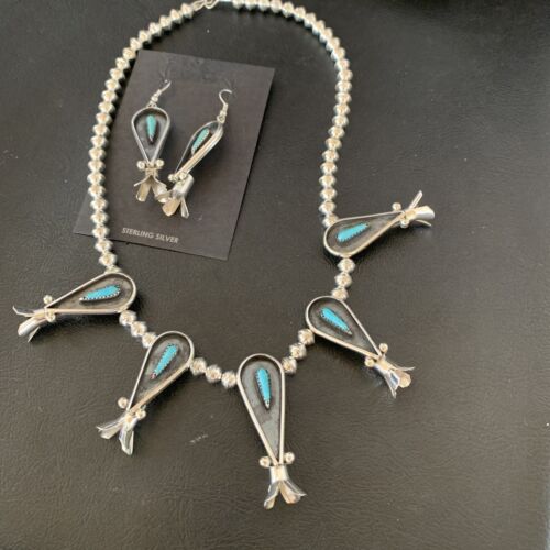 Navajo Squash Blossom Necklace & Earrings Set | Kingman Turquoise | Sterling Silver | Authentic Native American Handmade | 10925