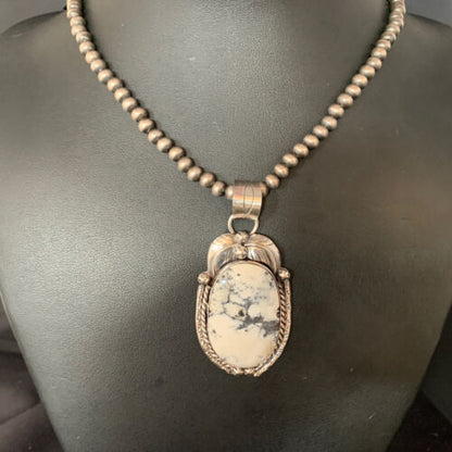 White Buffalo Turquoise Pendant Necklace | Sterling Silver | Navajo | Authentic Native American Handmade | 14052