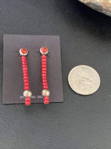 Navajo Pearl Heishi Dangle Earrings | Sterling Silver Red Coral Tube | 1.5" | 13051