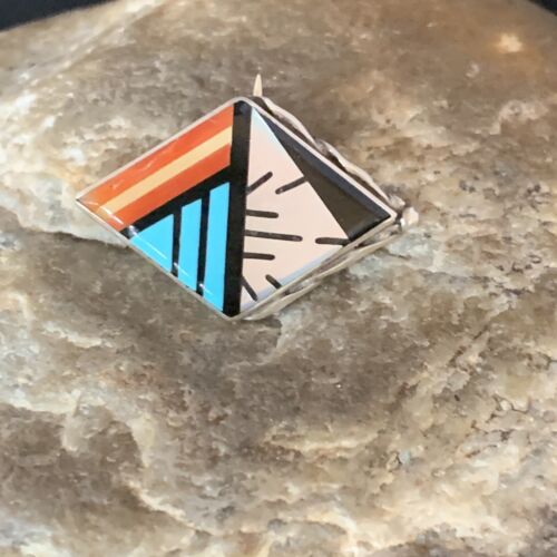 Authentic Native American Zuni Necklace & Pin | Sterling Silver with Blue Turquoise, Coral, Mother of Pearl | 13696