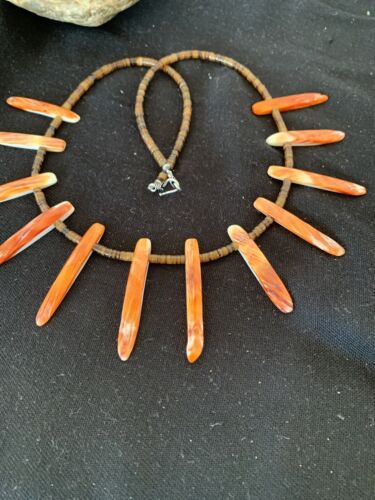 Navajo Orange Spiny Oyster Bone Stick Bead Necklace | Sterling Silver | 22" | Authentic Native American Handmade | 00680