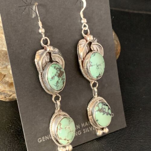 Navajo Green Spiderweb Turquoise Dangle Earrings | Sterling Silver | Authentic Native American Handmade | 13553