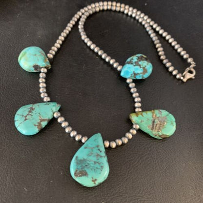 Navajo Teardrop Blue Turquoise Necklace | Sterling Silver Pearls | 20" | Authentic Native American | 13965