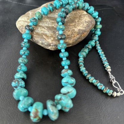 Navajo Pearls Sterling Silver Blue Spiderweb Turquoise Necklace | Authentic Native American | 26" | 14358