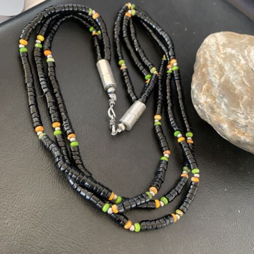 Navajo Sterling Silver Black Onyx Spiny Turquoise Bead Necklace Heishi 22" | Handmade 10893