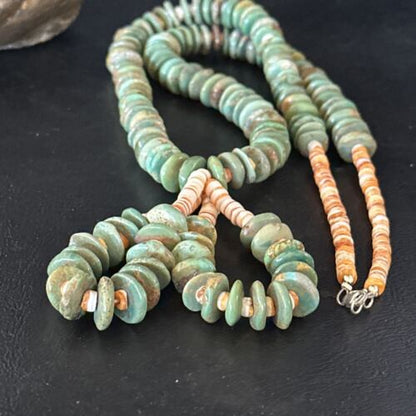 Santo Domingo Green Turquoise & Spiny Oyster Jacla Necklace | Sterling Silver | 26" | 14731